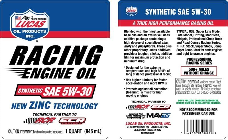 Lucas Oil SAE 20W-50 Racing Engine Oil, 5 Quart (Pack of 1)