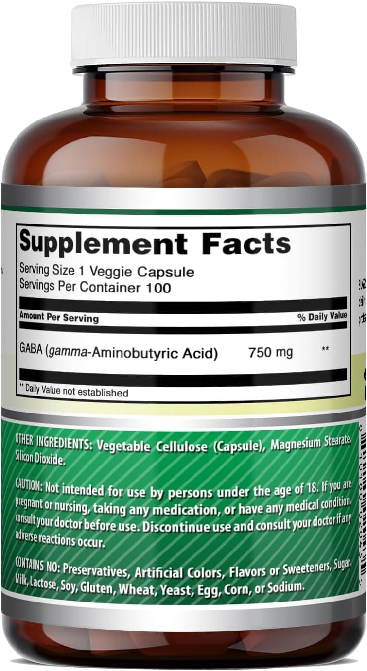 Amazing Formulas GABA Supplement | 750 Mg per Serving | 100 Veggie Capsules | Non-GMO | Gluten-Free | Made in USA | Ideal for Vegetarians