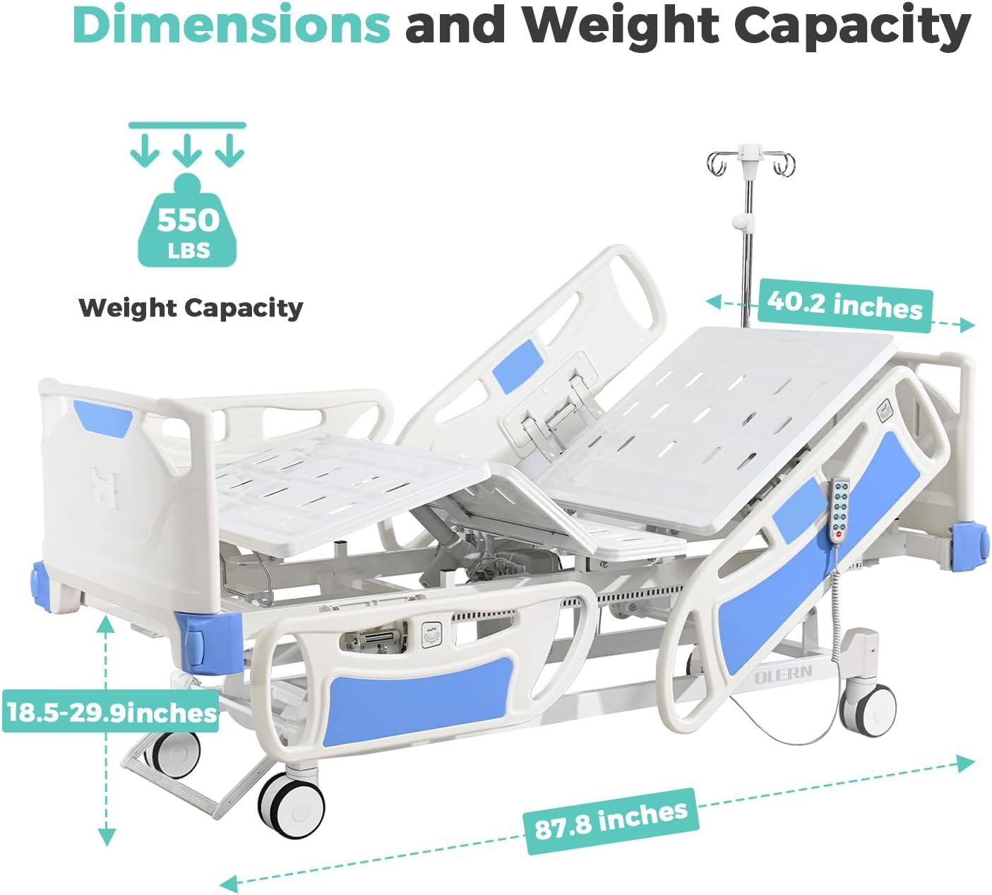 Premium 3 Function Full Electric Hospital Bed,Adjustable Medical Bed | 550LBS,4.7" Waterproof Mattress,Adjustable Height,One-Click CPR,Iv Pole,Germany Moter for Home Use Hospital Nursing Clinic