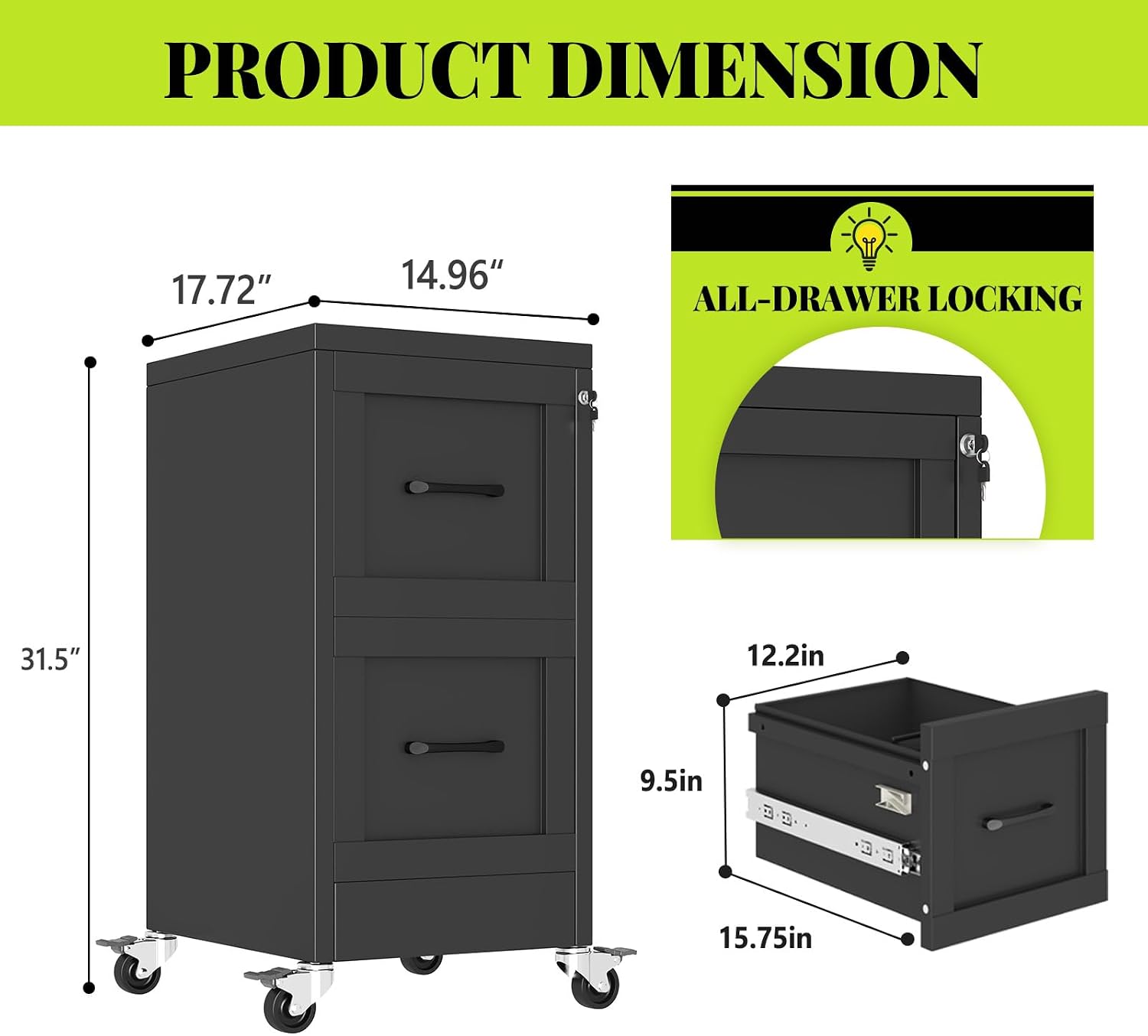 3 Drawer File Cabinet, Office Mobile Filing Cabinet, Printer Stand | All-in-One Office Storage, 3 Storage Drawers, 2 Adjustable Shelves, Lockable Cabinet, 4 Casters, 46.5-Inch Top