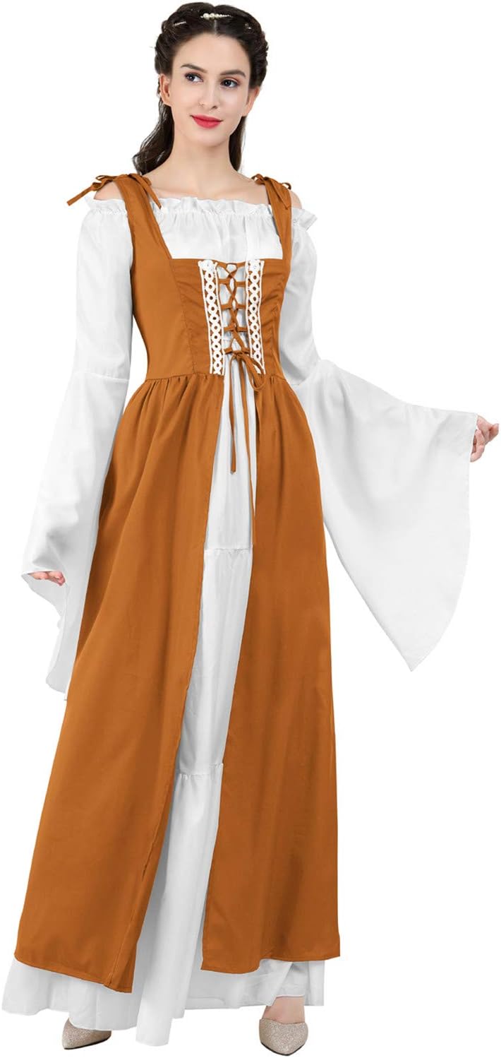 Kranchungel Renaissance Costume Women Dress: Flowy Long Sleeve Medieval Dress for Renaissance Faires & Medieval Festival