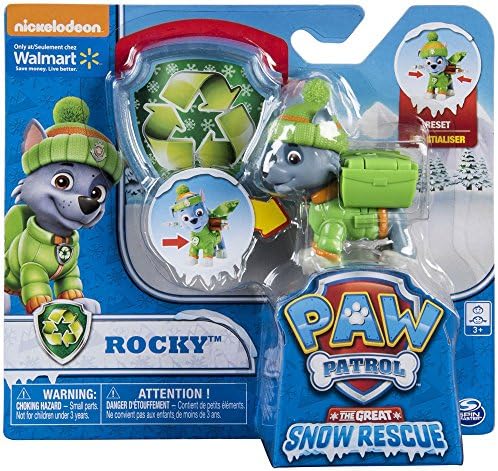 Paw Patrol Snow Rescue – Rocky with Transforming Pup Pack and Badge