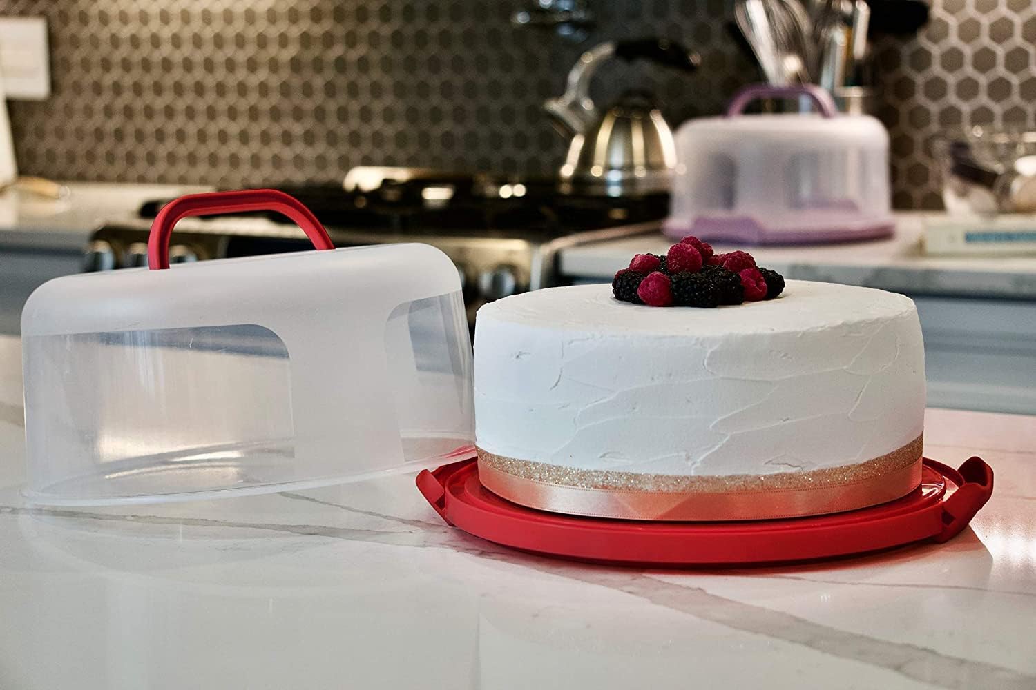 Top Shelf Elements Round Cake Carrier Two Sided Cake Holder Serves as Five Section Serving Tray, Portable Cake Stand Fits 10 inch Cake