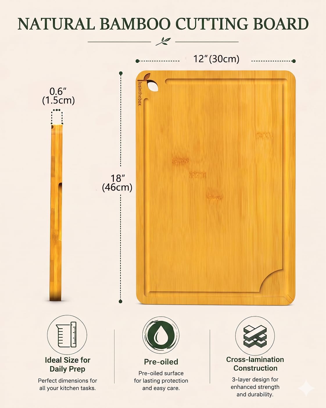 Cutting Boards for Kitchen, Wooden Chopping Board for Meat, Vegetables and Fruit, 18" x 12" XL Deep Carbonized Bamboo Board for Meal Prep, Serving, Daily Cooking and Kitchen Counter