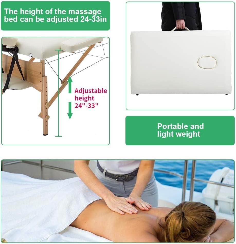 BestMassage | Portable Massage Table | 24" Wide, Black PU Leather | Lightweight, 2-Fold Massage Table with Height Adjustment, 450lbs Capacity, Carry Bag | For Massage, Facial, Tattoo, Home, Spa