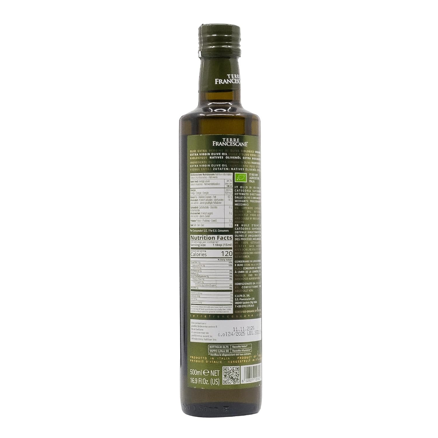 Terre Francescane Organic Extra Virgin Olive Oil from Umbria, Italy | Medium Robust Olive Oil 16.9 fl oz (500ml)