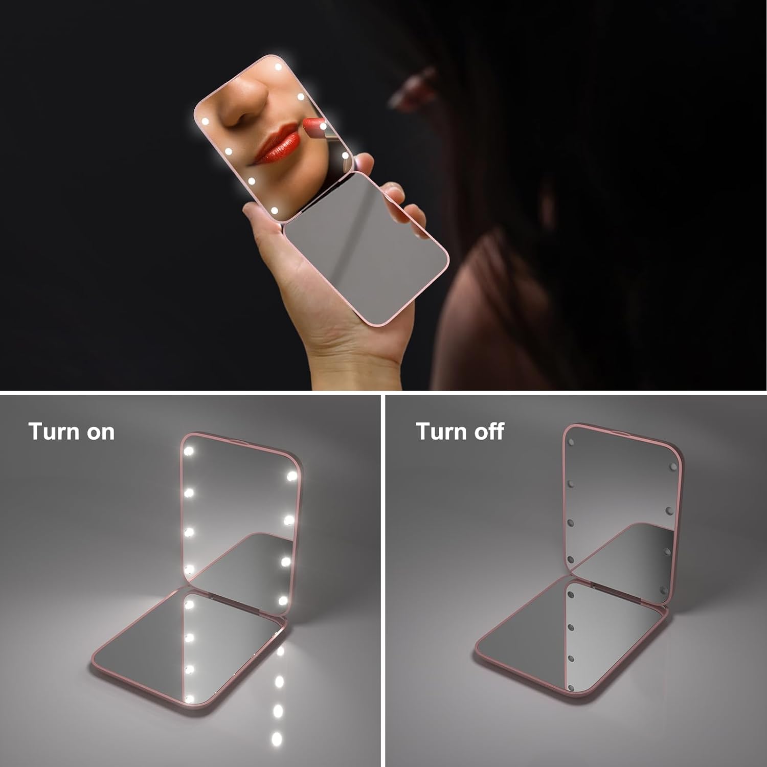 Kintion Pocket Mirror, 1X/3X Magnification LED Compact Travel Makeup Mirror with Light for Purse, 2-Sided, Portable, Folding, Handheld
