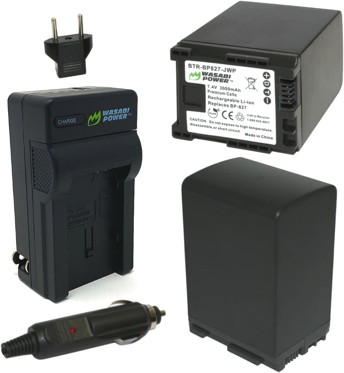 Wasabi Power Battery (2-Pack) and Charger for Canon BP-827 and Canon VIXIA HF20, HF21, HF200, HF G10, G20, M30, M31, M32, M40, M41, M300, M400, S10