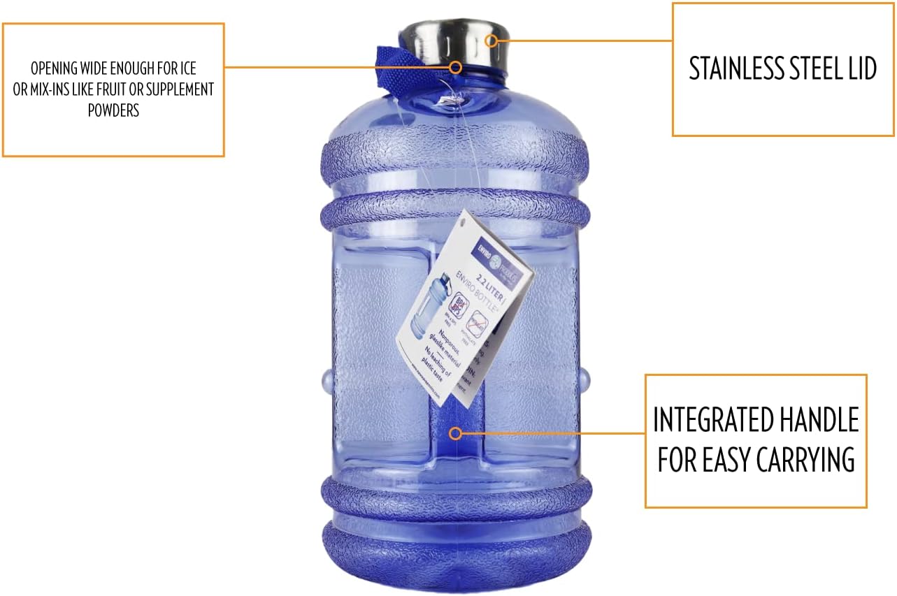 New Wave Enviro Iconic 1 Gallon Round BPA Free Water Bottle with Stainless Steel Cap and Integrated Handle, Ideal for Gym and Outdoor Life, Blue