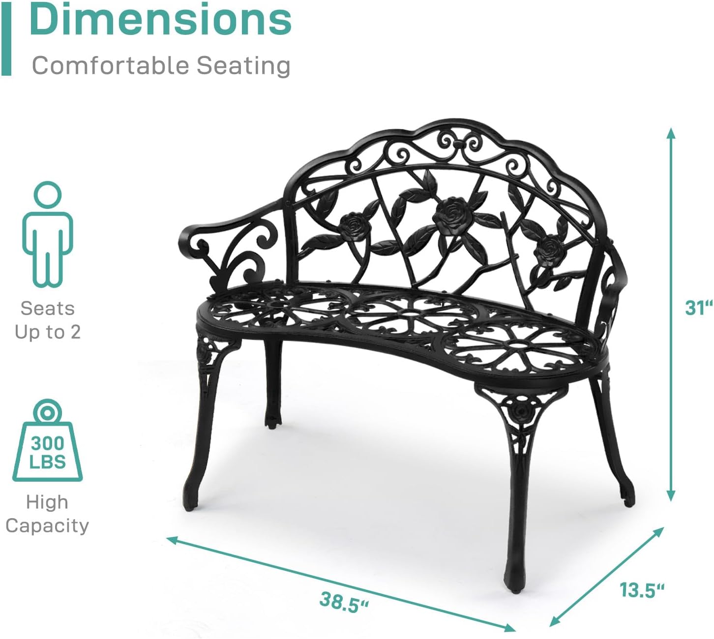 VINGLI 38.5" Patio Park Garden Outdoor Metal Rose Bench, 2-Person Cast Iron Cast Aluminium Frame Antique Finish Chair,Accented Lawn Front Porch Path Yard Decor Deck Furniture (Bronze, Rose)