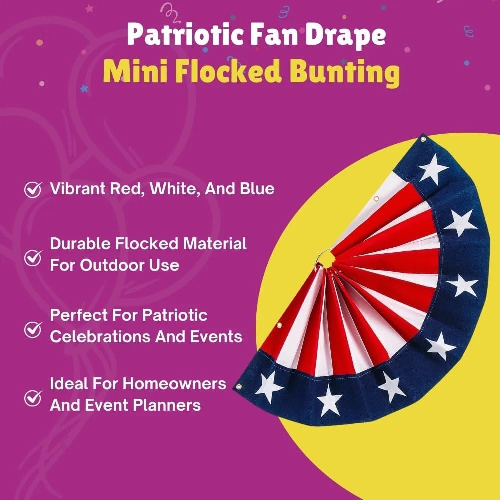 Fun Express 18" x 9" Patriotic Fan Drape Mini Flocked Bunting - 4th of July & USA 250 for Parades, Gatherings, Festive Home Decor