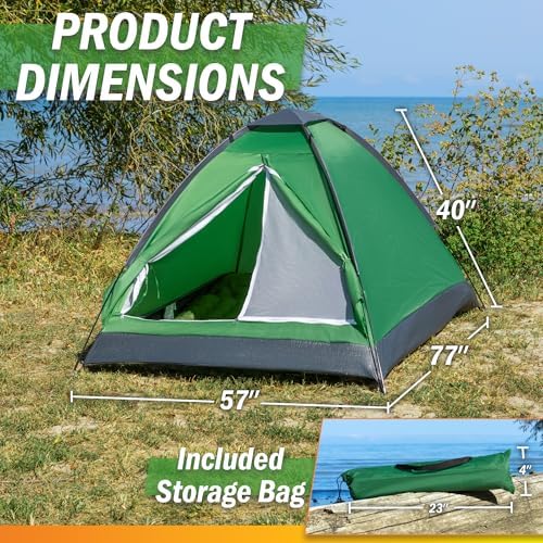 2 Person Camping Tent with Rain Fly and Carrying Bag - Lightweight Outdoor Tent for Backpacking, Hiking, or Beach Use by Wakeman Outdoors (Green)