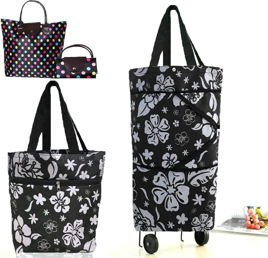 Collapsible Shopping Bag with Wheels Portable Shopping Cart with 360° Swivel Wheels Rolling Tote Bag Reusable Grocery Bag Trolley Bag on Wheels for Travel Shopping and Daily Use(Blue)