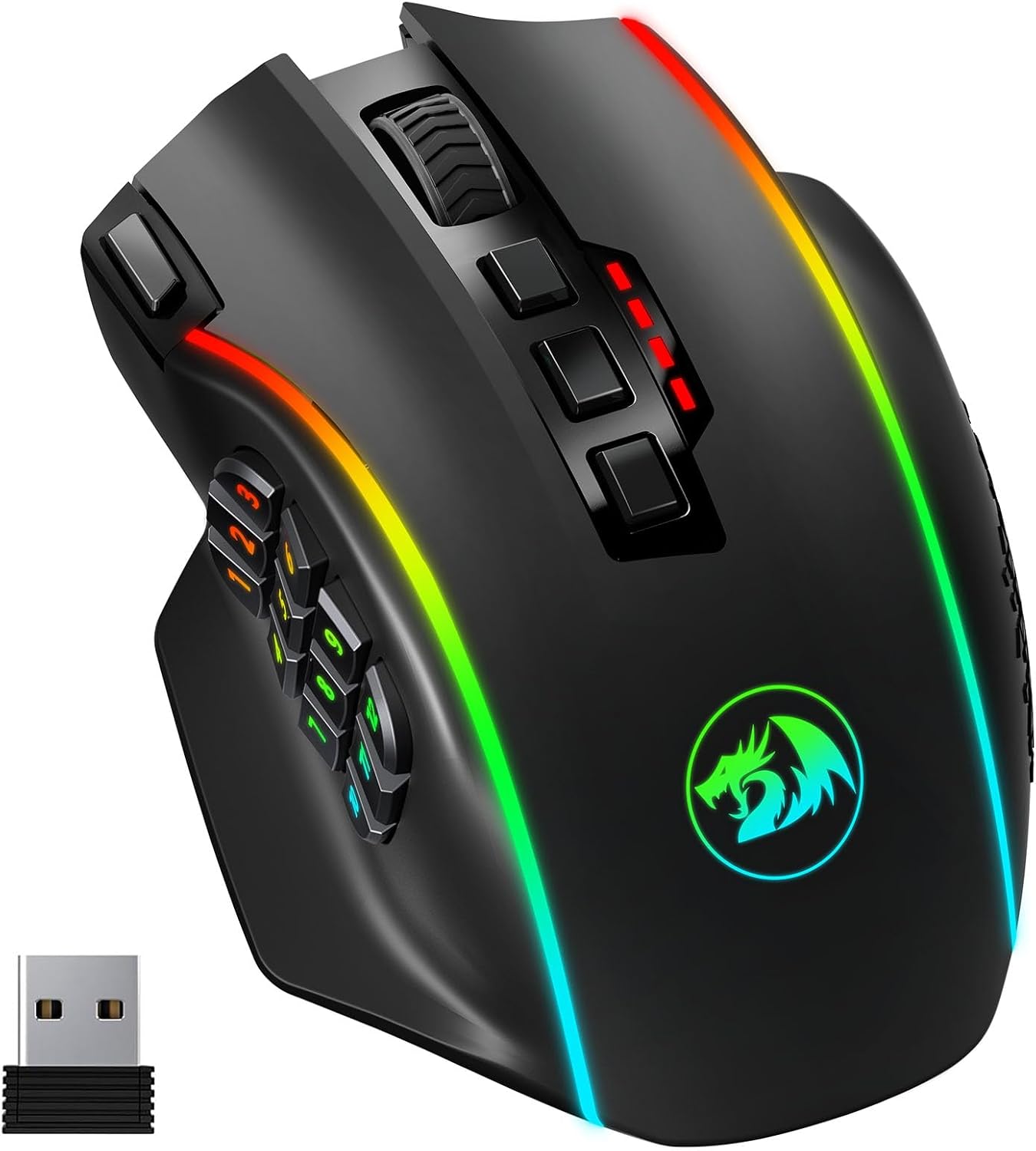 Redragon Gaming Mouse, MMO Mouse Gaming UP 12400 DPI, 19 Macro Programmable Buttons, RGB Mouse with 12 Side Buttons, 8 * 2.4g Weight Tuning for PC Laptop MOBA FPS, M901K, Black