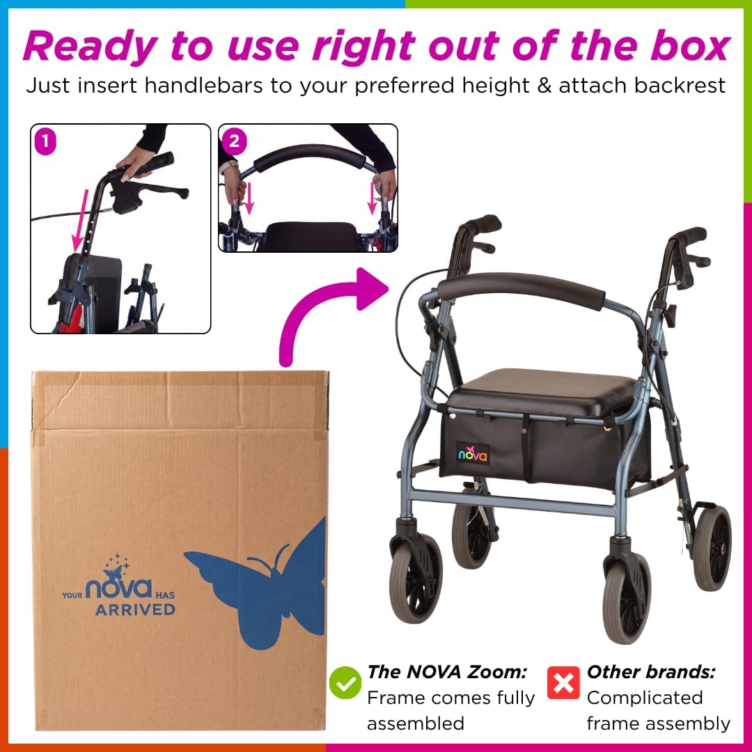 NOVA Zoom 22 Rollator Walker for Seniors, Rolling Walker with Locking Hand Brakes, Padded Seat & 8" Wheels, Lock N Load for Easy Transport & Storage, Adjustable Height 5'5"–6'1", Red