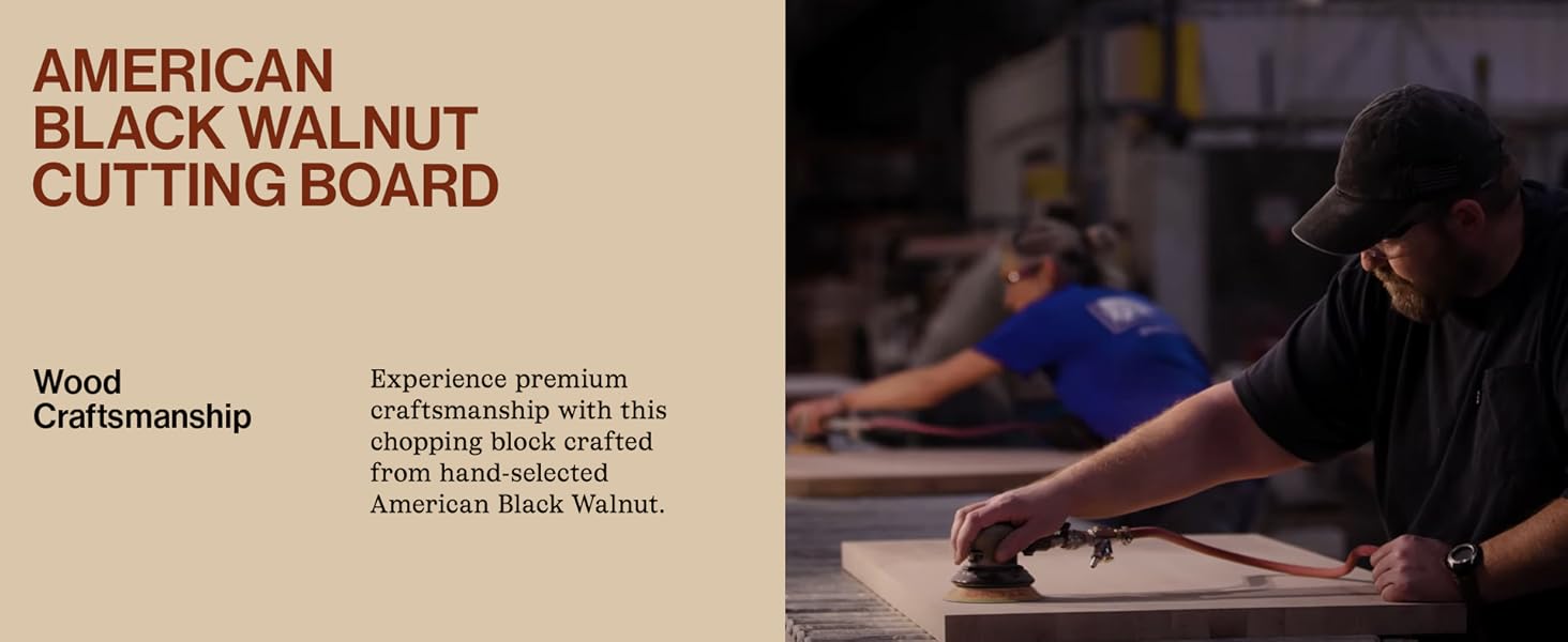 Guy polishing wooden block. Text reads AMERICAN BLACK WALNUT CUTTING BOARD.