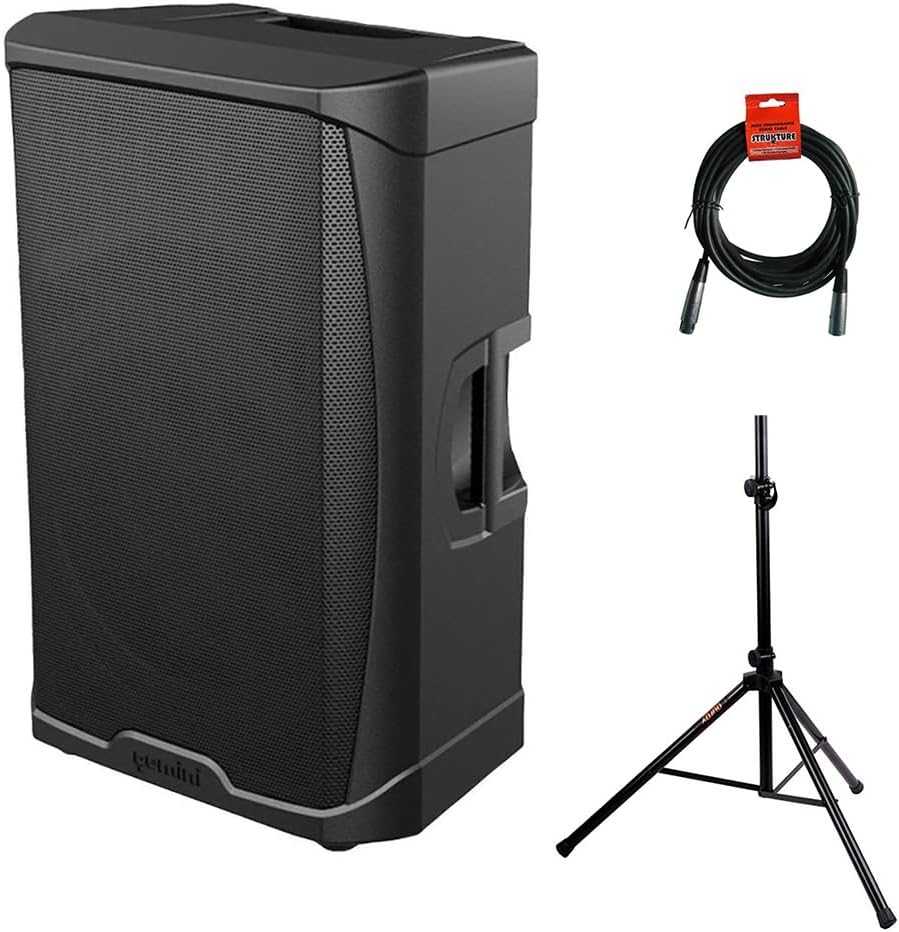 Gemini Sound GD-215PRO 1300-Watt Professional PA Speakers with Bluetooth Bundle with Auray SS-4420 Steel Speaker Stand and XLR- XLR Cable