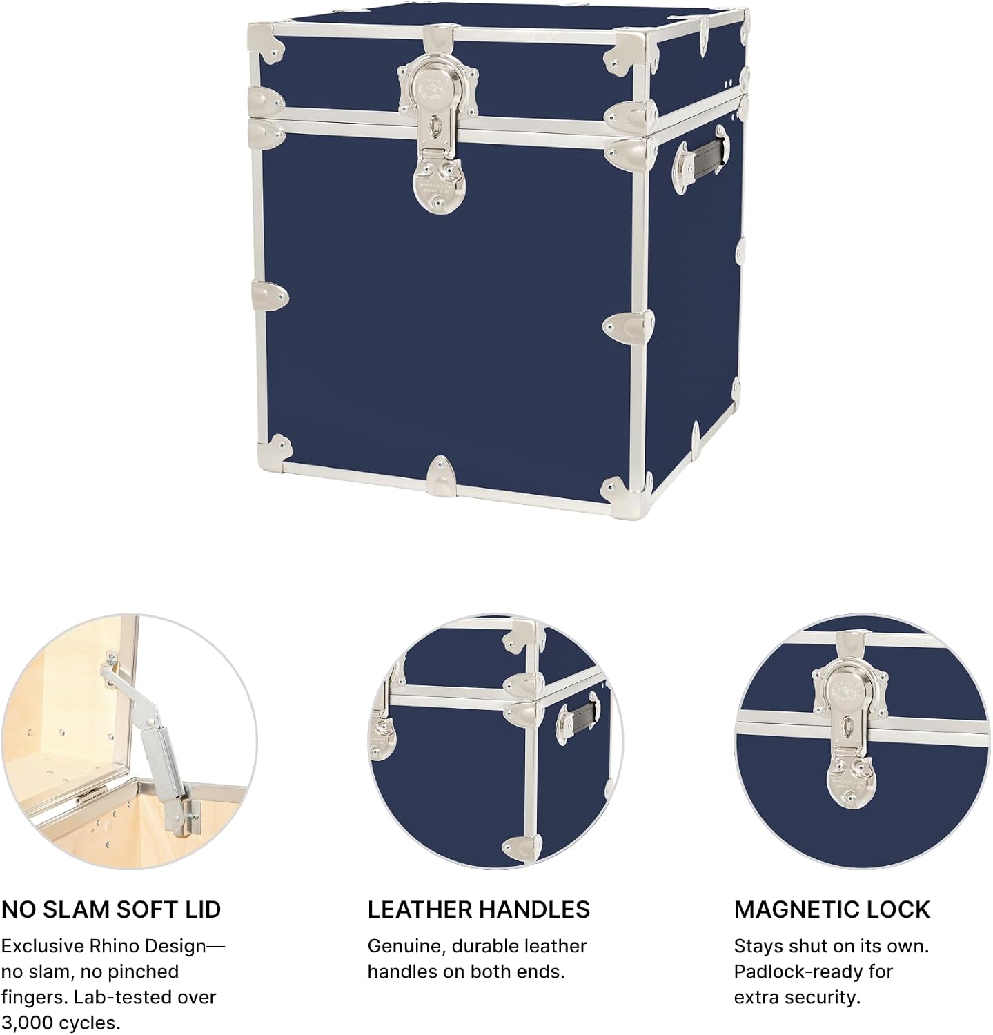 Rhino Classic Cube Trunk, College Dorm Footlocker & Home Storage End Table | 18"L x 18"W x 20"H, 1500+ lb Capacity, Baltic Birch Plywood, Nickel Plated Steel, Durable, Office Storage, Dorm Room