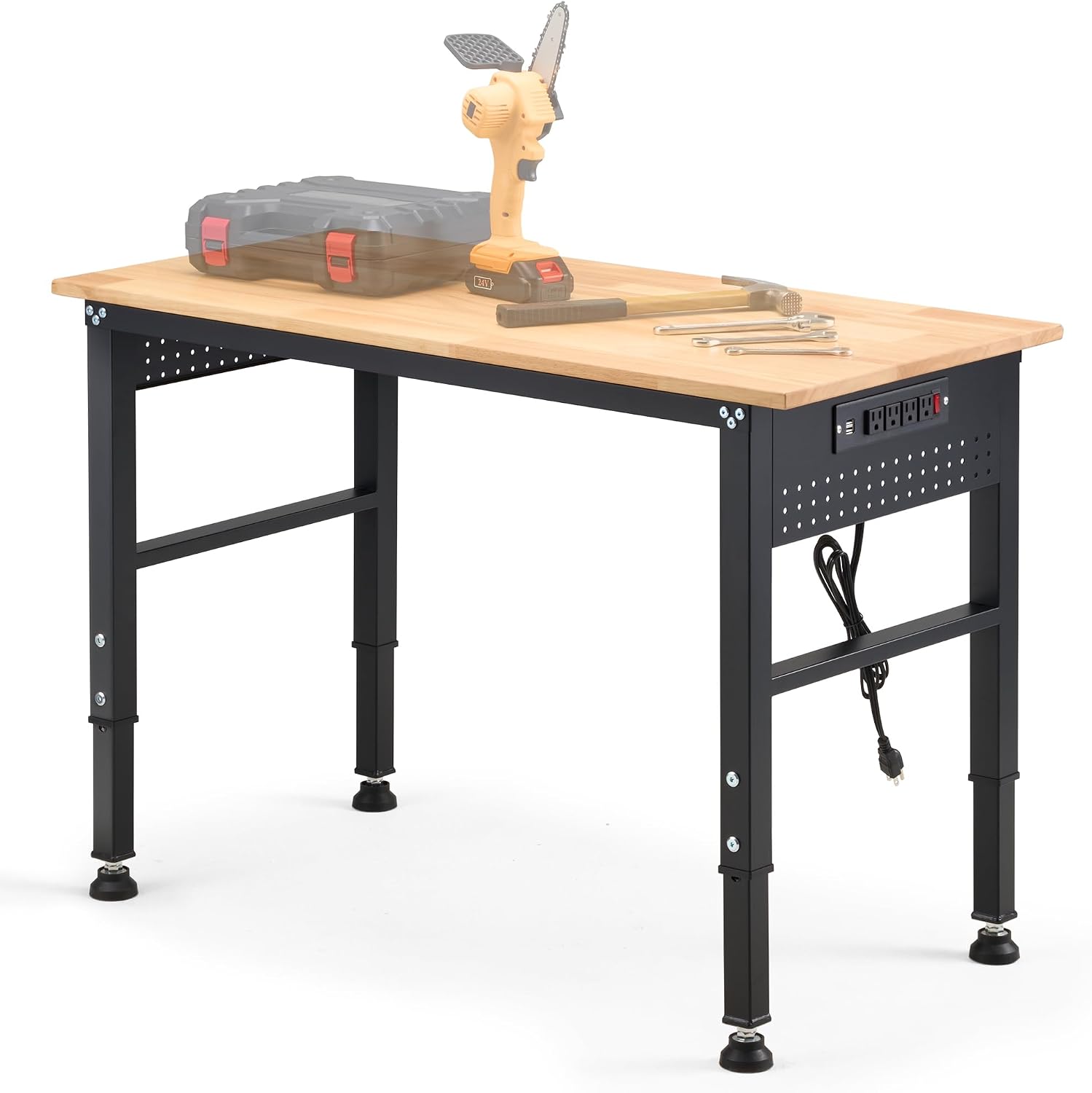48" Adjustable Rubberwood Workbench with Foldable Extension Board & Power Outlet, Extra Large 48x32In 9-Level Height 27"-37", 2000 LBS Heavy Duty for Workshop Garage Office Home