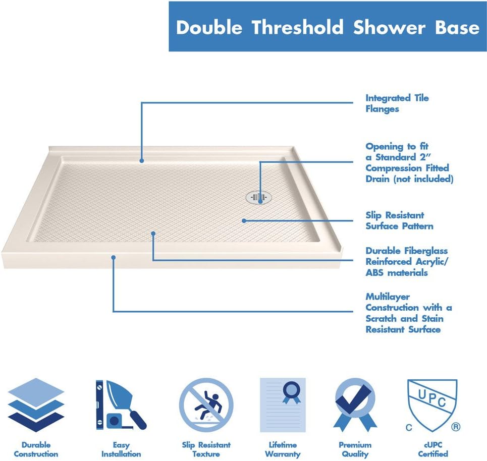 DreamLine SlimLine 34 in. D x 48 in. W x 2 3/4 in. H Right Drain Double Threshold Shower Base in White, DLT-1034482