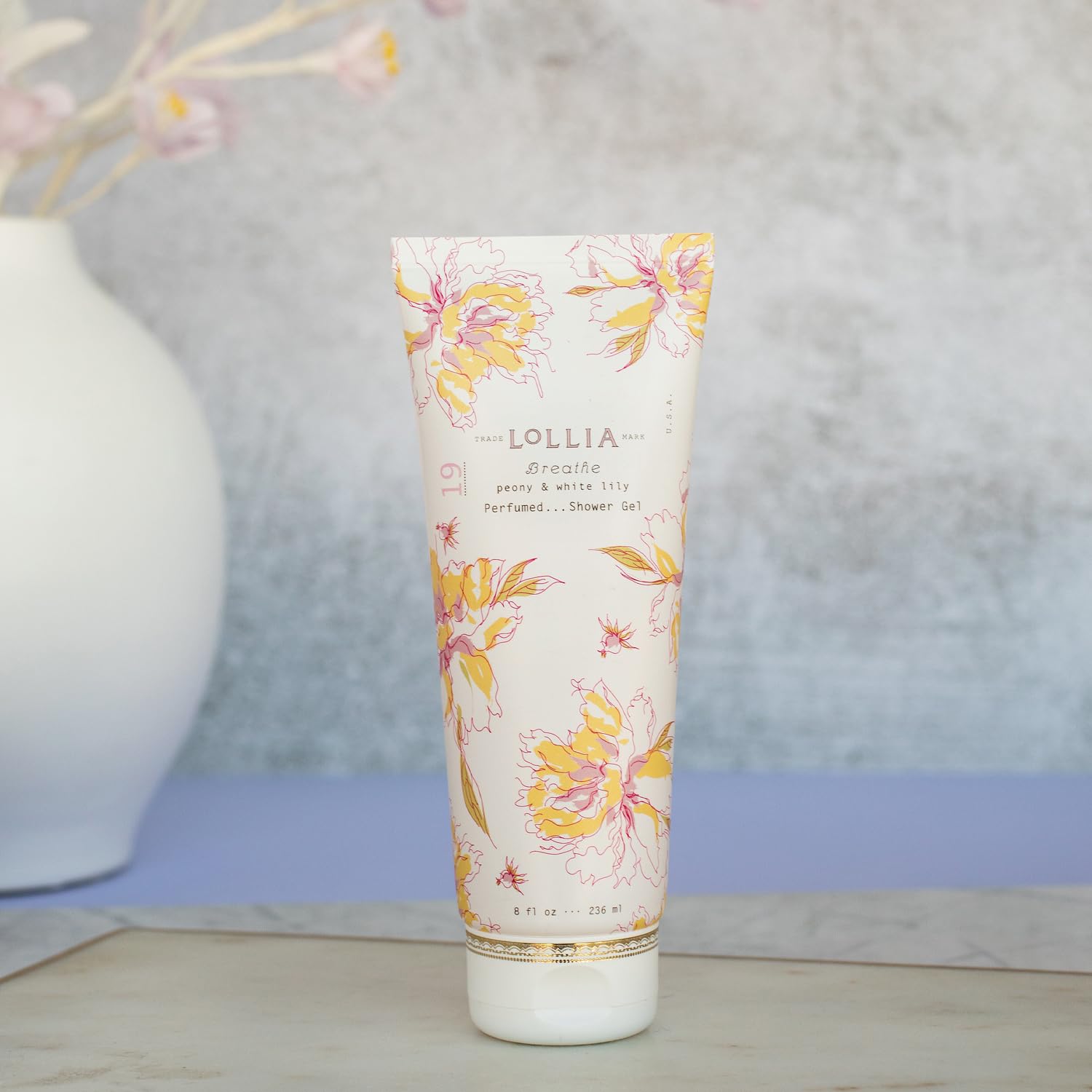 LOLLIA Wish Shower Gel, 8 fl oz, Vanilla Bean, Rice Flower, Jasmine Leaves, & Sugar Cane, Luxury Shea Moisture Hydrating Women's Body Wash, Delicate & Relaxing Scented Bath Soap for Self Care