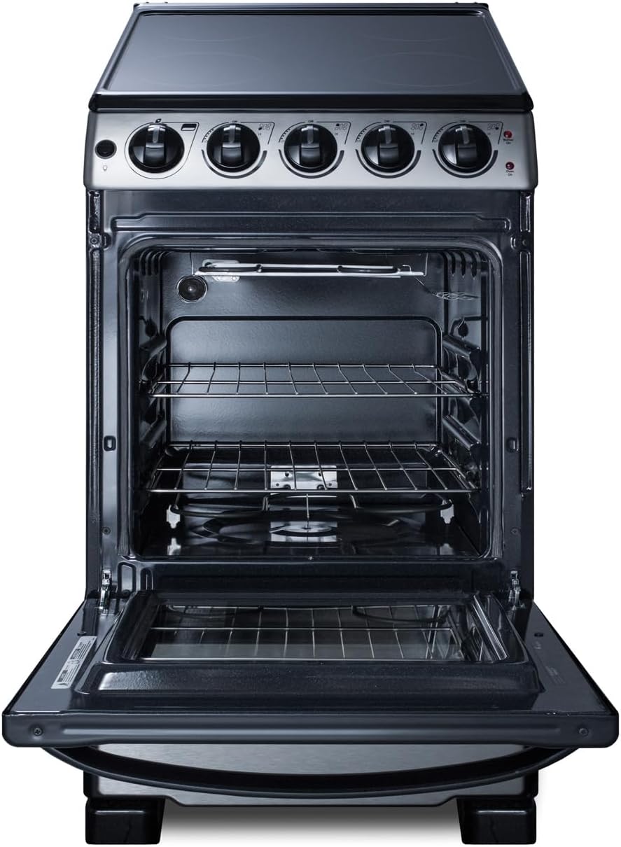 Summit 20” Electric Range, Stainless Steel and Black- REX2071SSRT | 2.3 cu.ft. Capacity Oven, Smooth Glass CookTop, 4 Burner Range, 220VOLT