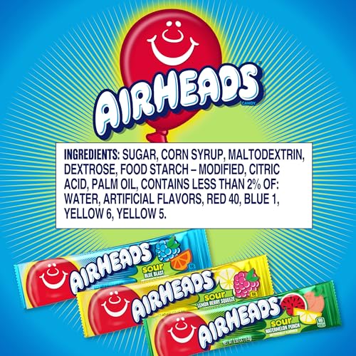 Airheads Full-Size Candy Bars, Assorted Taffy Variety Pack, 60 Count Box | Individually Wrapped Bulk Candy, Six Assorted Fruit Flavors, Artificially Flavored