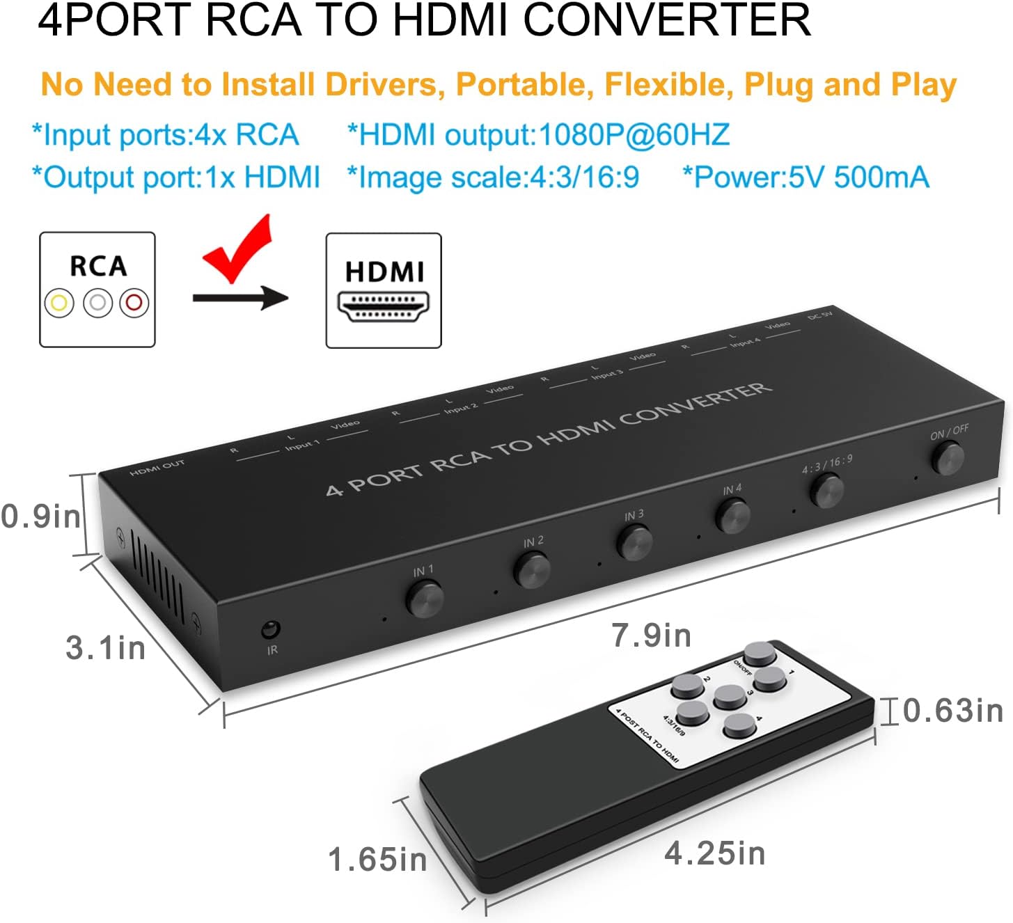 4Port AV to HDMI Converter, 4Port AV to HDMI Switcher with IR Remote