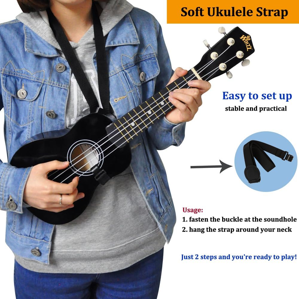 Winzz Soprano Ukulele Starter Kit For Beginners with Bag, Clip-On Tuner, Extra Strings, Strap, Plectrum, Fret Stickers, Chords Card, Polishing Cloth, Black