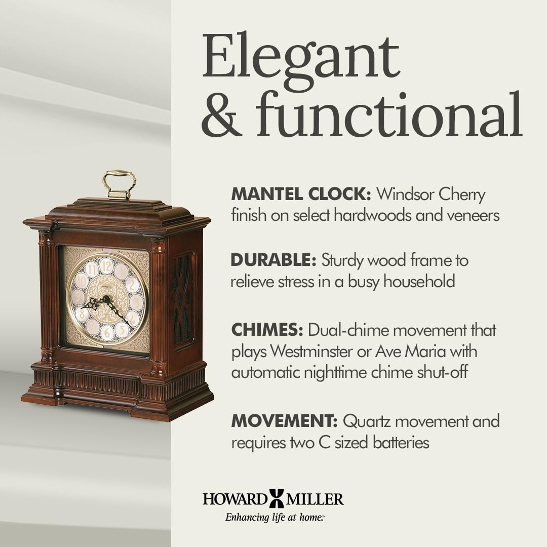 Howard Miller Akron II Mantel Clock – Windsor Finish, Dual-Chime Kieninger Movement, Arabic Numerals, Brushed Nickel Dial, Wooden Base