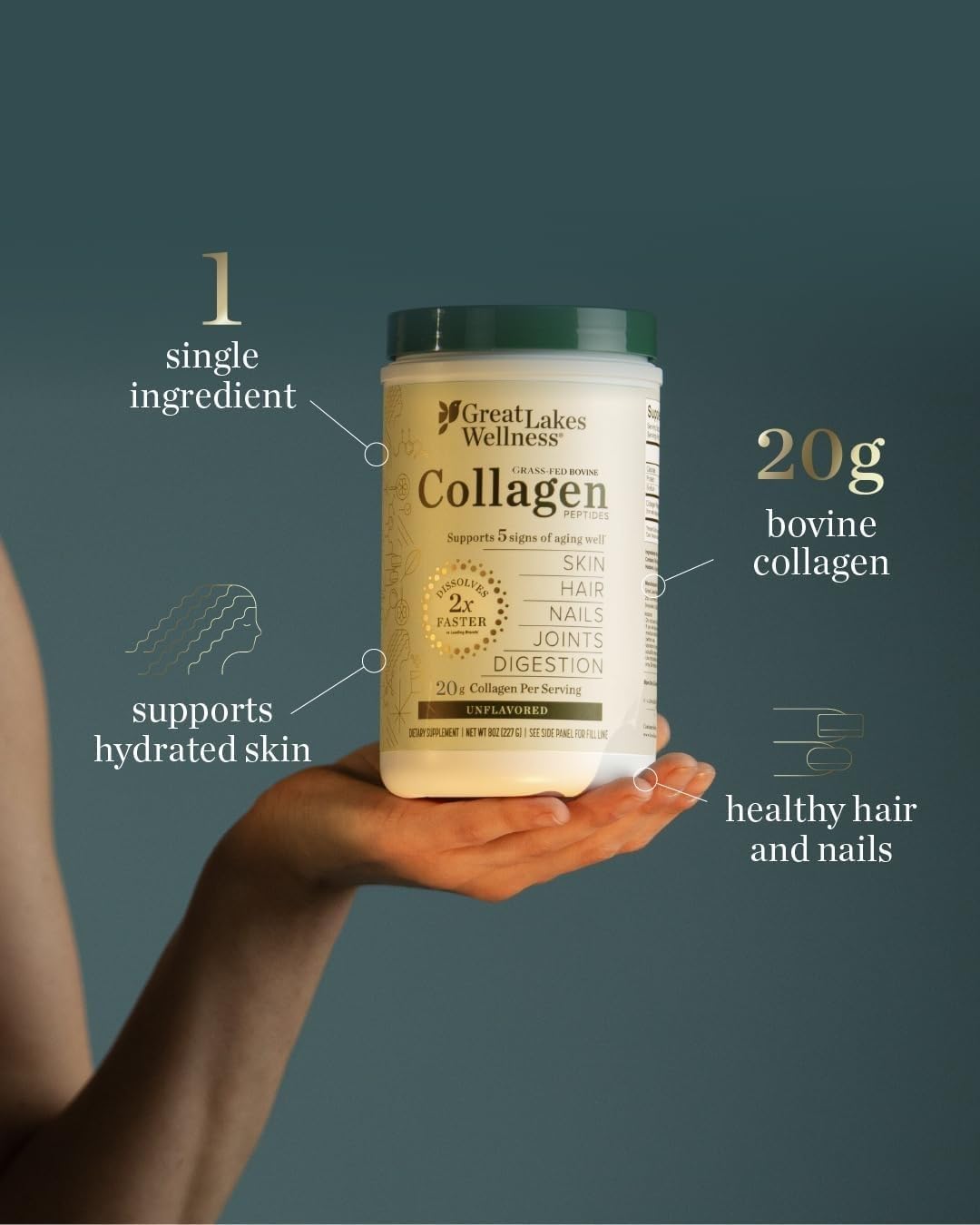Great Lakes Wellness Collagen Peptides Powder – Supports Skin, Hair, Nails, Joints & Digestion – Hydrolyzed, Non-GMO, Keto & Kosher – Pure Collagen Protein (16 oz, 22 Servings) Packaging may vary