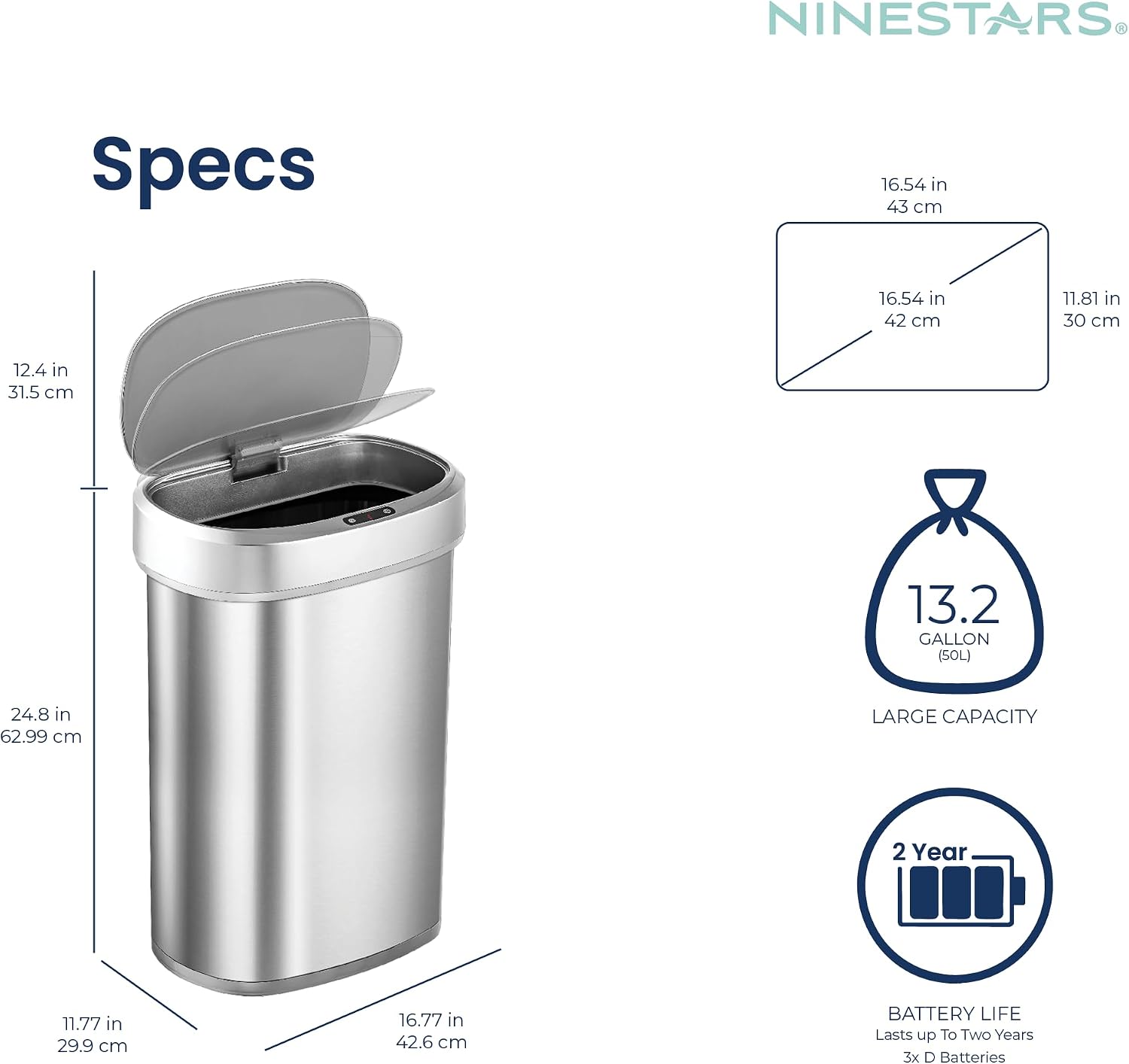 Ninestars 13 Gallon Oval Automatic Trash Can, 50L Touchless Motion Sensor Kitchen Garbage Can with Odor-Sealing Lid, Silver Stainless Steel