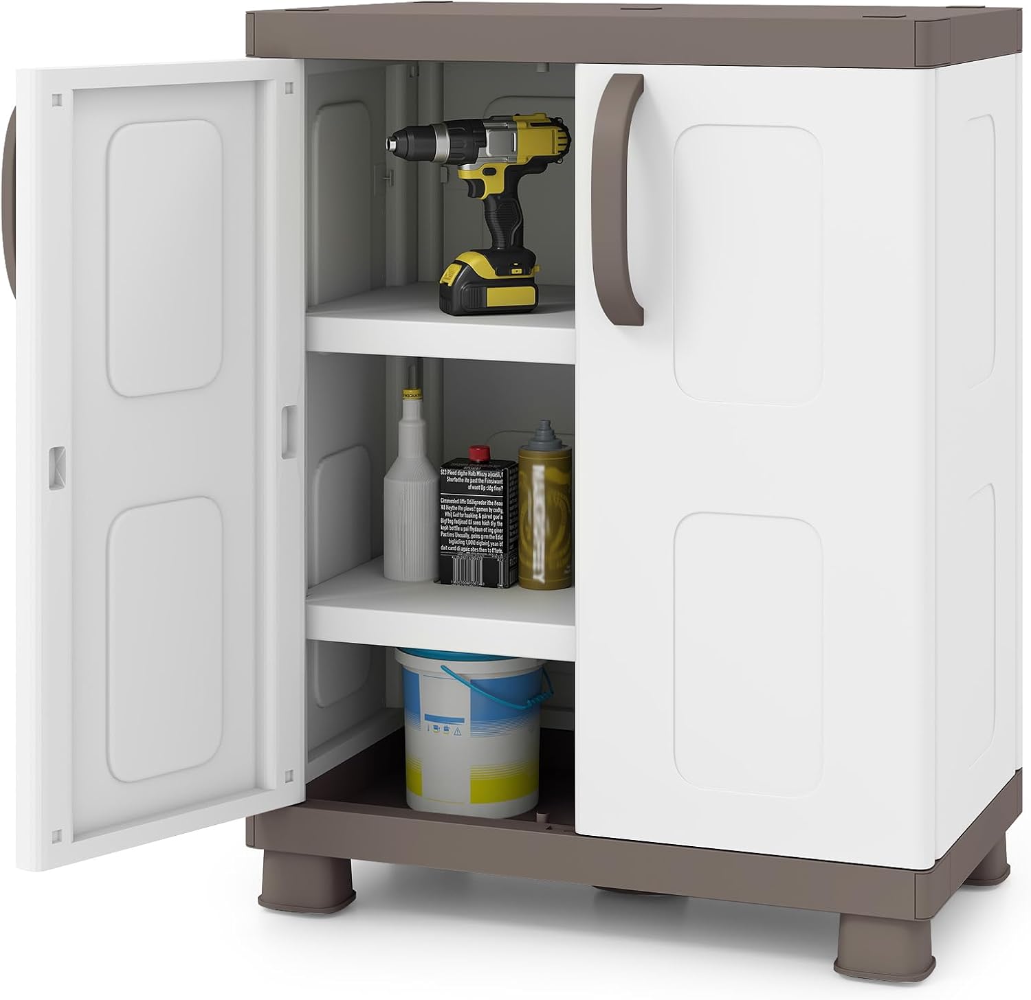GIANTEX Storage Cabinet with 2 Doors and Adjustable Shelves, Modern Plastic Base Garage Organizer, Floor Sideboard for Kitchen, Dining Room, Bathroom (Wide-29"x19"x37",White+Brown)
