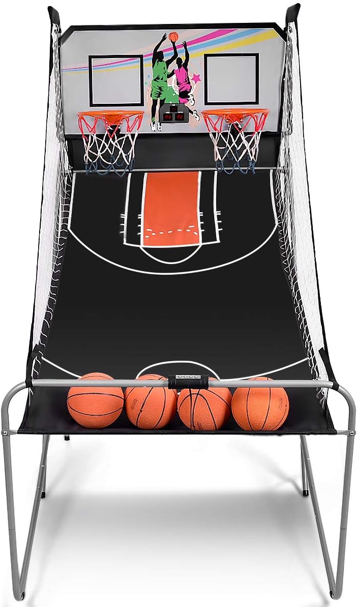 GYMAX Arcade Basketball Game Indoor Foldable with 8 Game Modes, Arcade Sound, 4 Balls and Inflation Pump, Electronic Basketball Games for All Ages Home