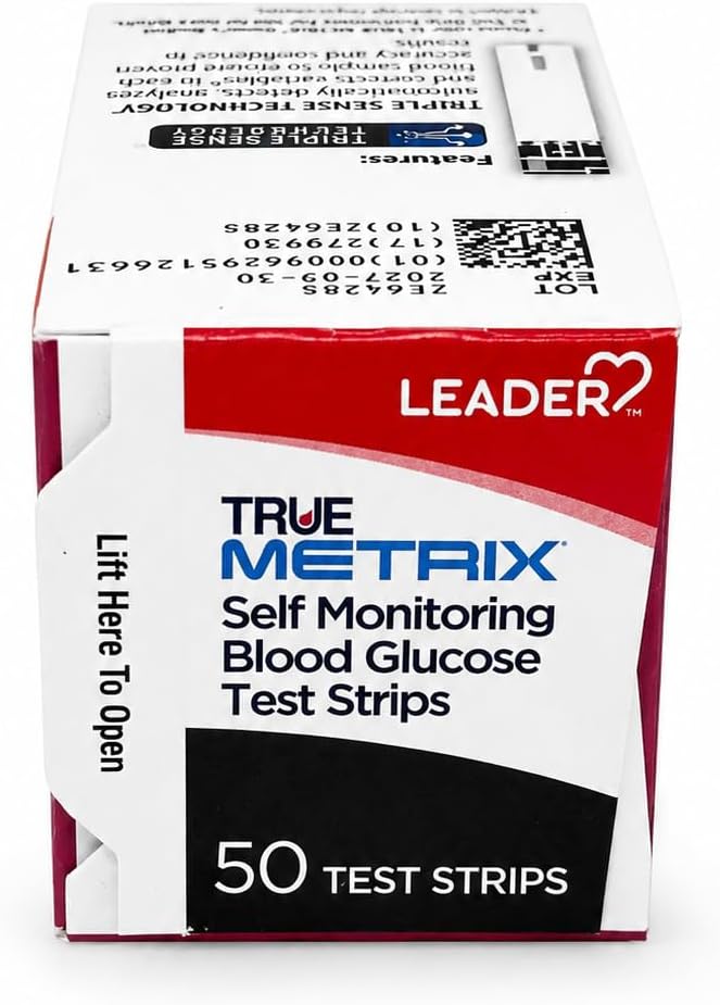 LEADER True Metrix Blood Glucose Test Strips for Diabetes, Tiny Blood Sample, Self-Monitoring, Triple Sense Technology, for Adults and Kids 12+