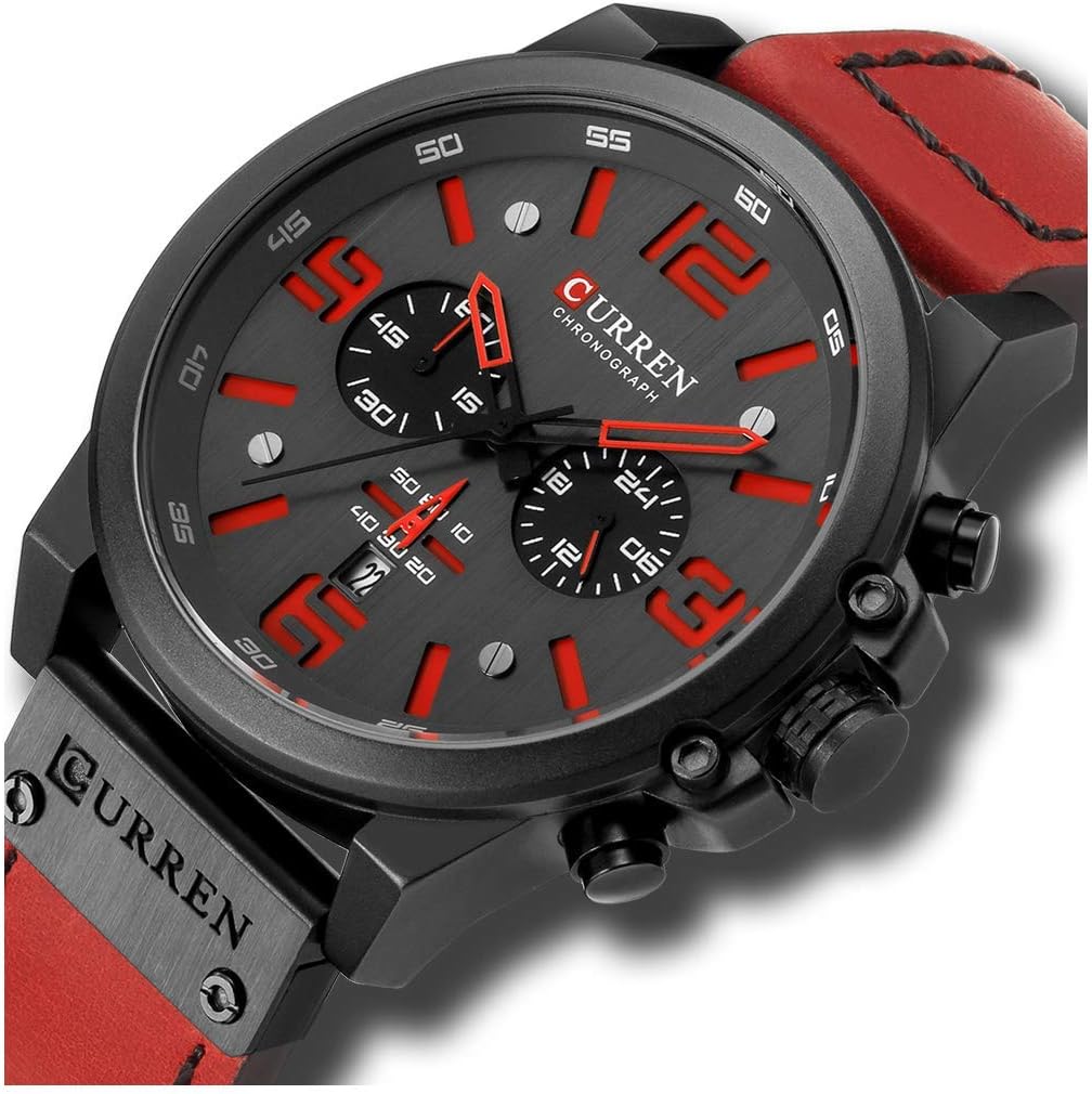 FANMIS Mens Classic Analog Quartz Chronograph Sandwich Dial Leather Watch