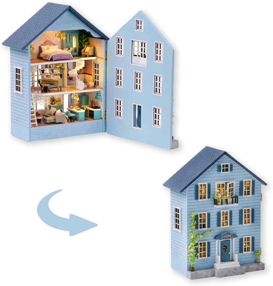 DIY Miniature Dollhouse Kit with Furniture Plus Dust Proof | 1:24 Scale Creative Room Mini Wooden Doll House Accessories for Kids Teens Adults Aged 14+(Beach Cottage)