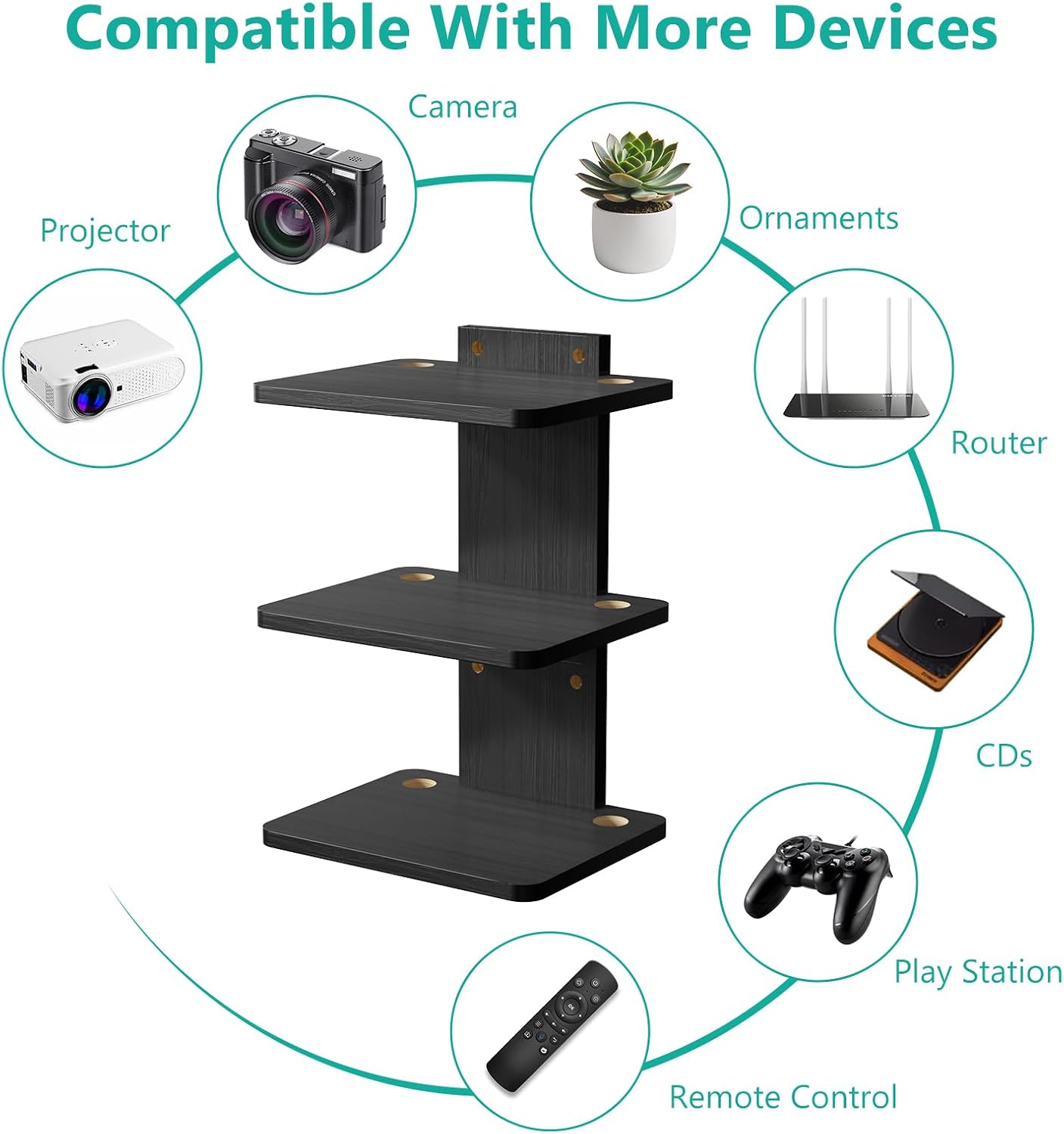 WALI Floating TV Shelf, 2 Tier Glass Projector Shelf for DVD Players, Routers, Game Consoles, Cable Boxes, Living Room Decor, Wall Mount Shelves Hold Up to 17.6lbs (CS202B), 2-Shelf, Black