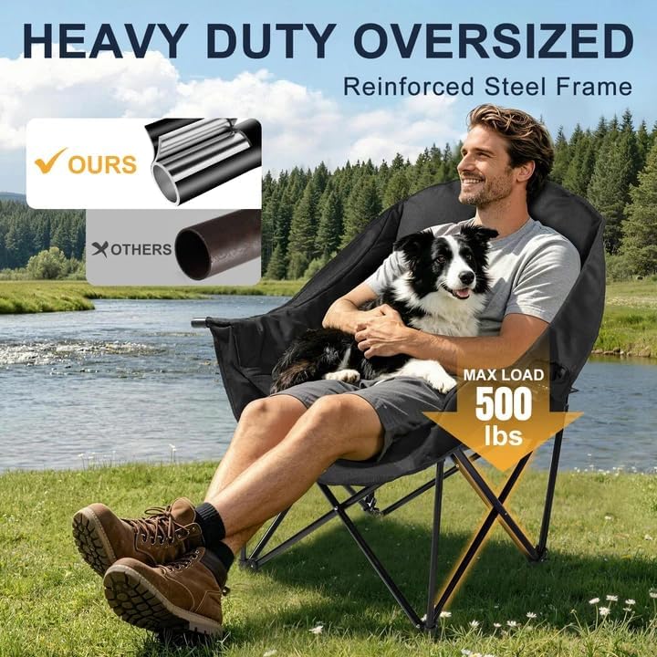 Oversized Camping Chairs for Adult - Heavy Duty Padded Portable Folding Chair XL Collapsible Camp Chair with Cup Holder Side Pocket for Outdoor Lawn Beach Sport Fishing Support 500LBS, Grey