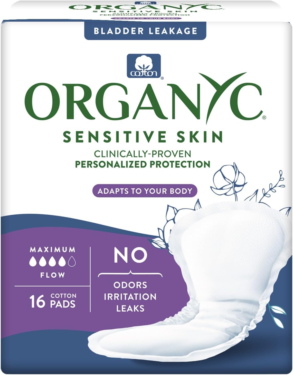 Organyc – 100% Organic Cotton Light Incontinence Pads for Bladder Leaks (Maximum, 16 Count(1 Pack))