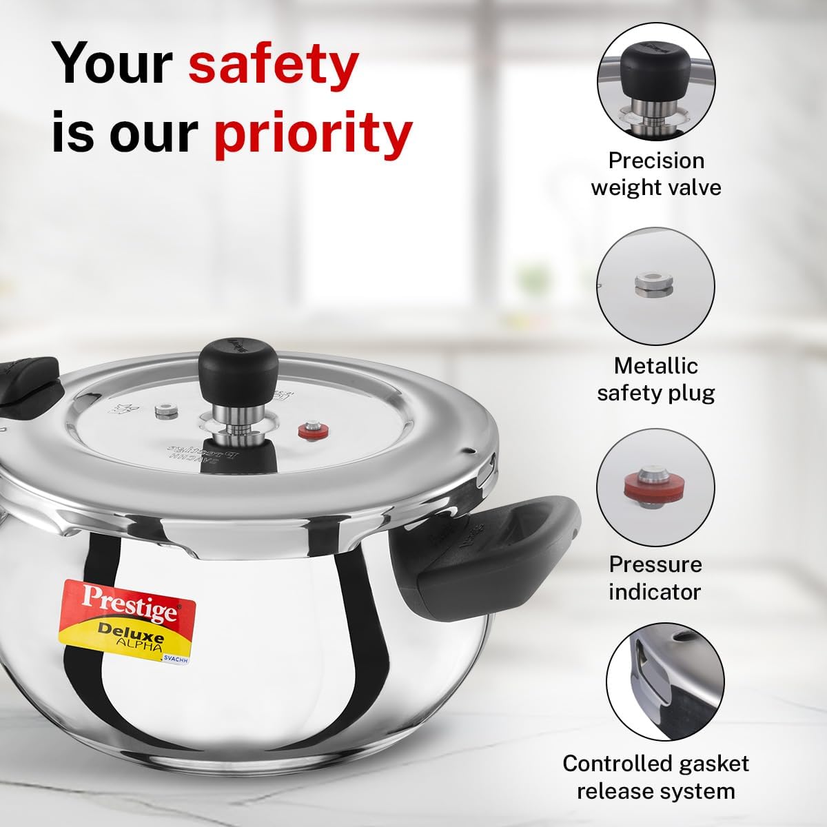 Prestige Deluxe Alpha Svachh Stainless Steel Pressure Cooker with Alpha Base and Deep Lid for Spillage Control, (4.0 L Junior Handi)