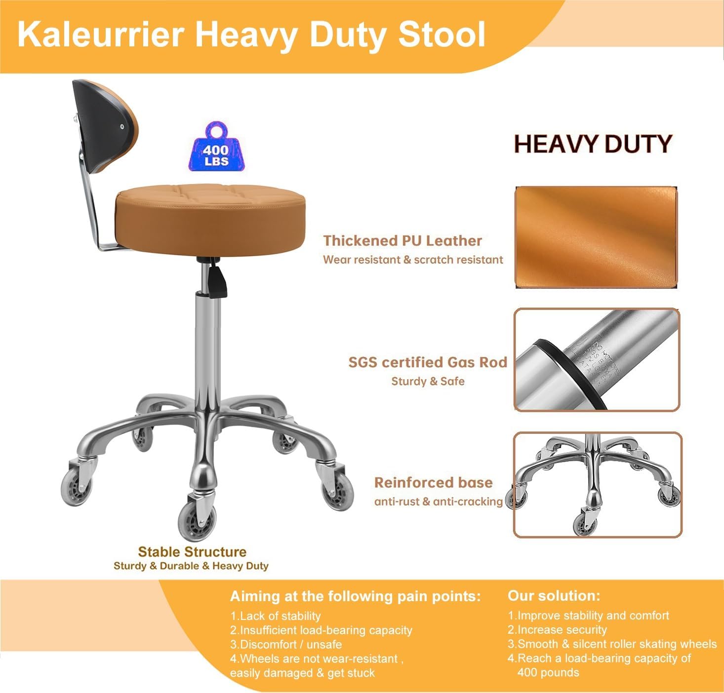 Kaleurrier Rolling Stool with Back Rest: Swivel Chair Adjustable Height