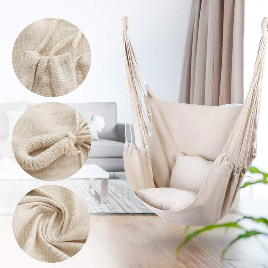 Hammock Chair Hanging Rope Swing Seat for Indoor Outdoor, Sturdy Cotton Weave Hammock Swing