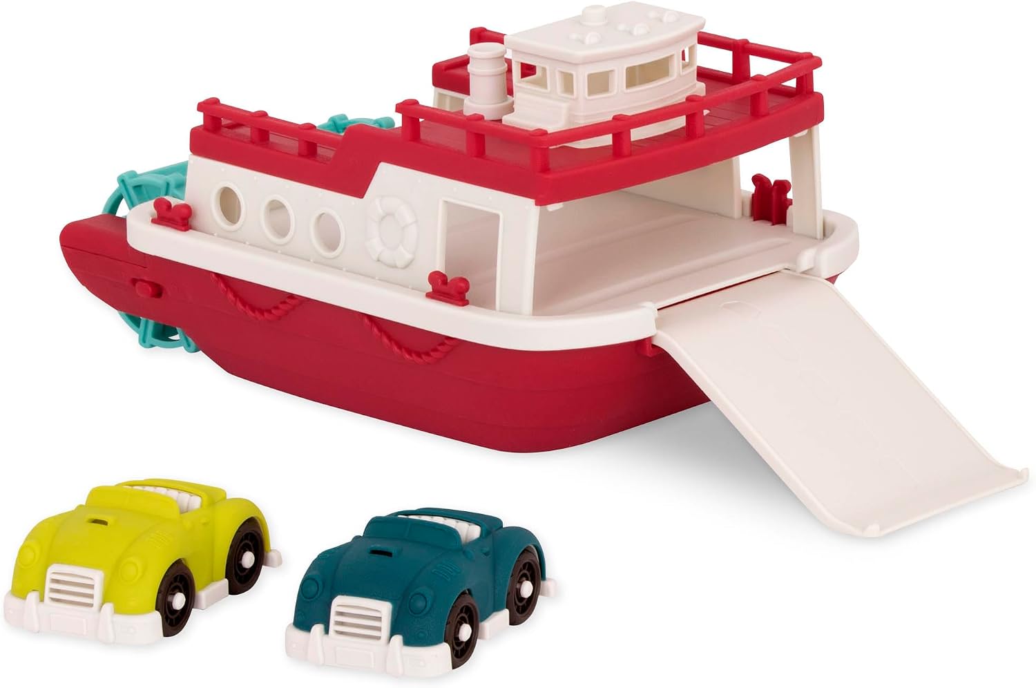 Battat Wonder Wheels Bath Toy Ferry Boat with 2 Cars, Floating Play, Trucks | Pool and bath toy boat with slide-out ramp, wind-up propeller