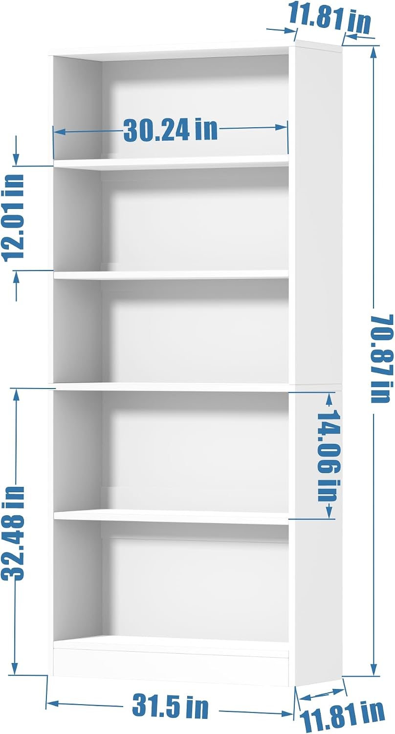 holzart 71" Tall Book Shelf, 5 Tier Large Bookshelf, Standing Wood Display Book Shelf for Living Room, Office, Library with Doors, 31.5" W x 70.87" H x 11.81" D, White