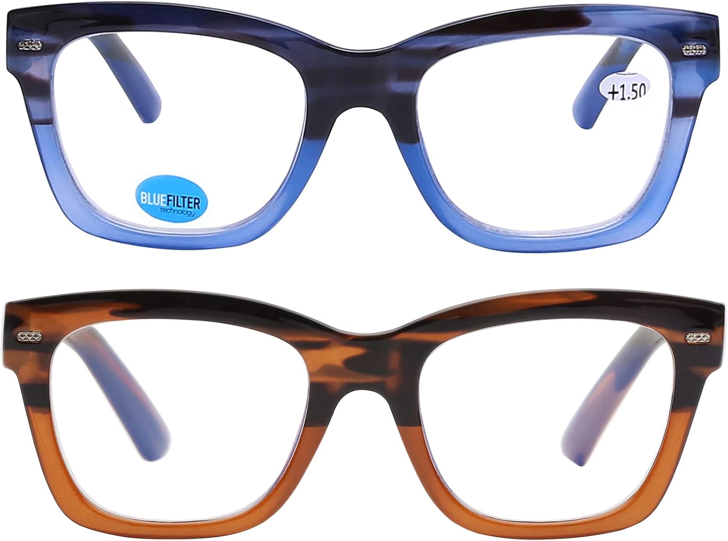 AQWANO Oversized Computer Reading Glasses Blue Light Blocking, 4 Pairs Stylish Fashion Design Anti UV Ray/Eye Strain/Glare Readers Men Women, 1.5