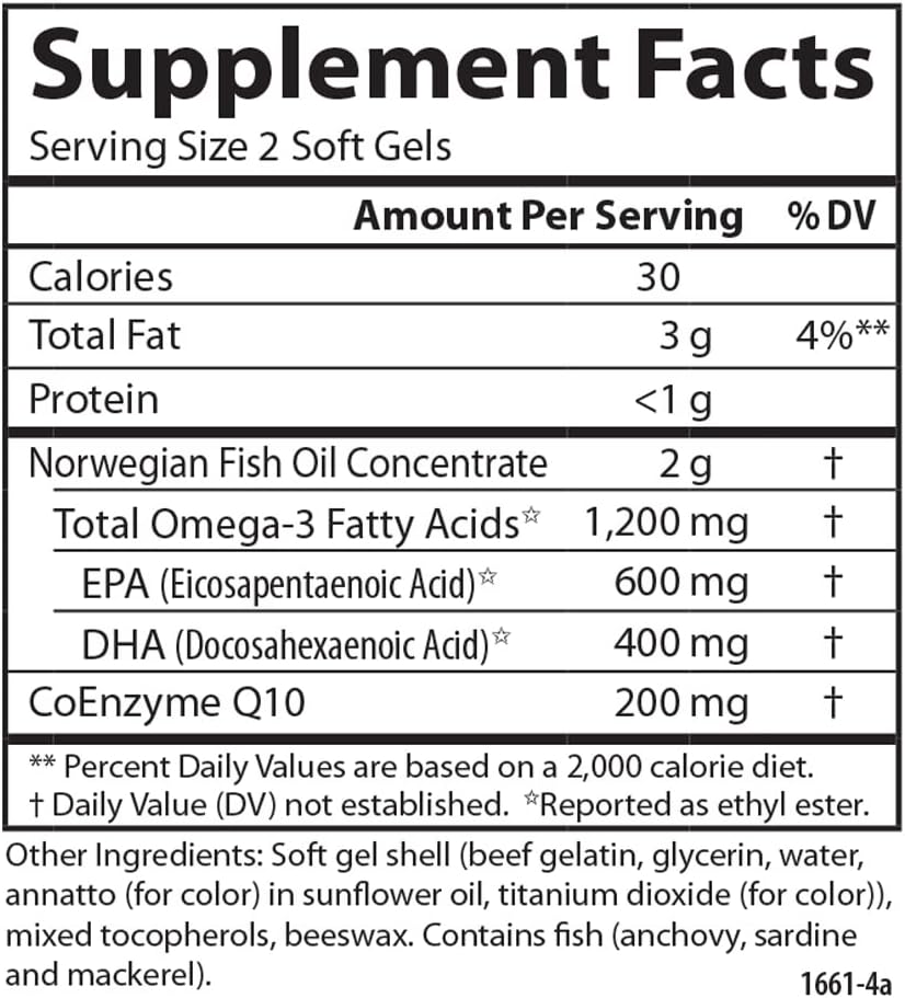 Carlson Super Omega-3 Gems + CoQ10, 1200 mg, Omega-3s, 60 Softgels | 200 mg CoQ10; Norwegian; Wild Caught; Sustainably Sourced