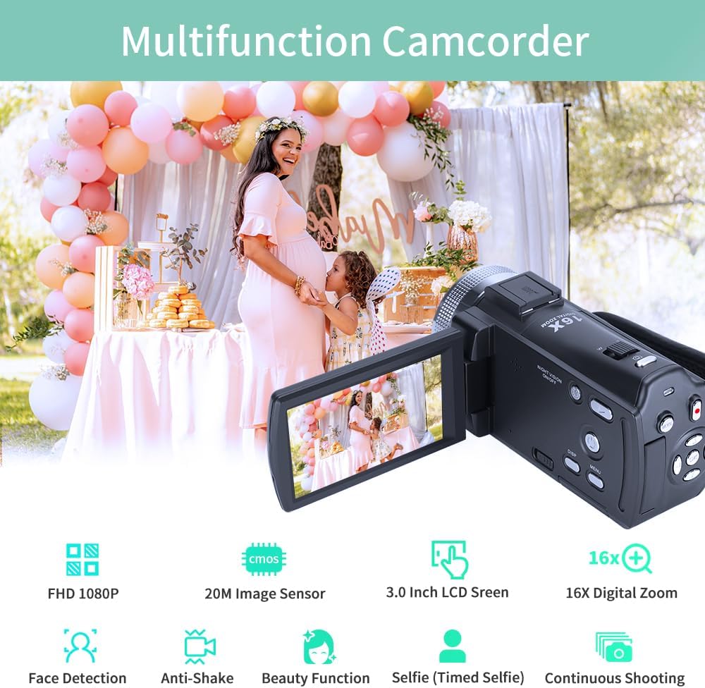 ORDRO V12 1080P Camcorder Night Vision with 16G Card 2 Batteries