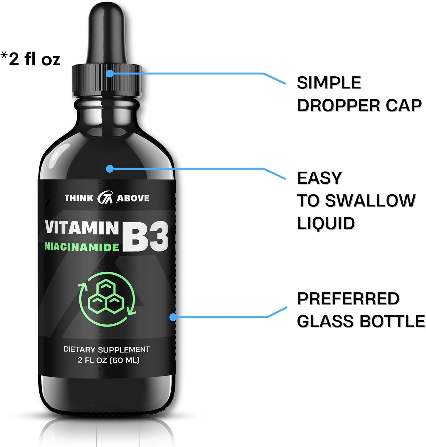 Think Above Vitamin B3 Niacinamide Liquid - Non Flush Form of B3 Niacin - Convenient Vitamin B3 Niacinamide Drops for Women and Men - Easy to