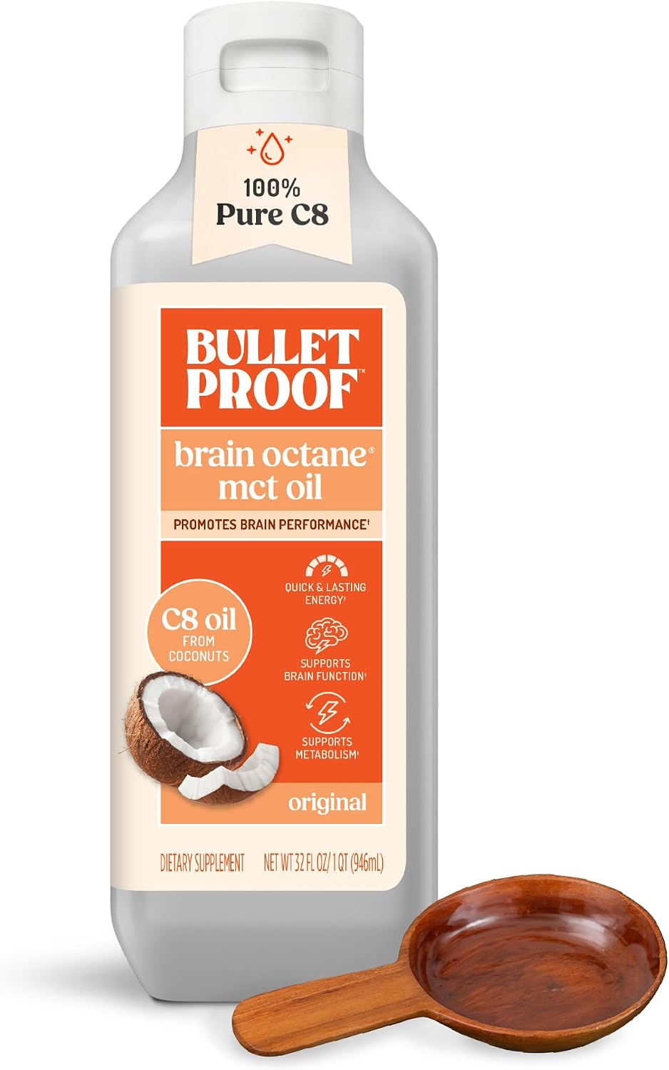 Bulletproof Brain Octane C8 MCT Oil, Non-GMO, 16 oz – 100% C8 from Coconut | 100% Pure Coconut Oil, Triple-Distilled Keto Energy Supplement for Coffee & Smoothies, Unflavored, No Additives, Non-GMO